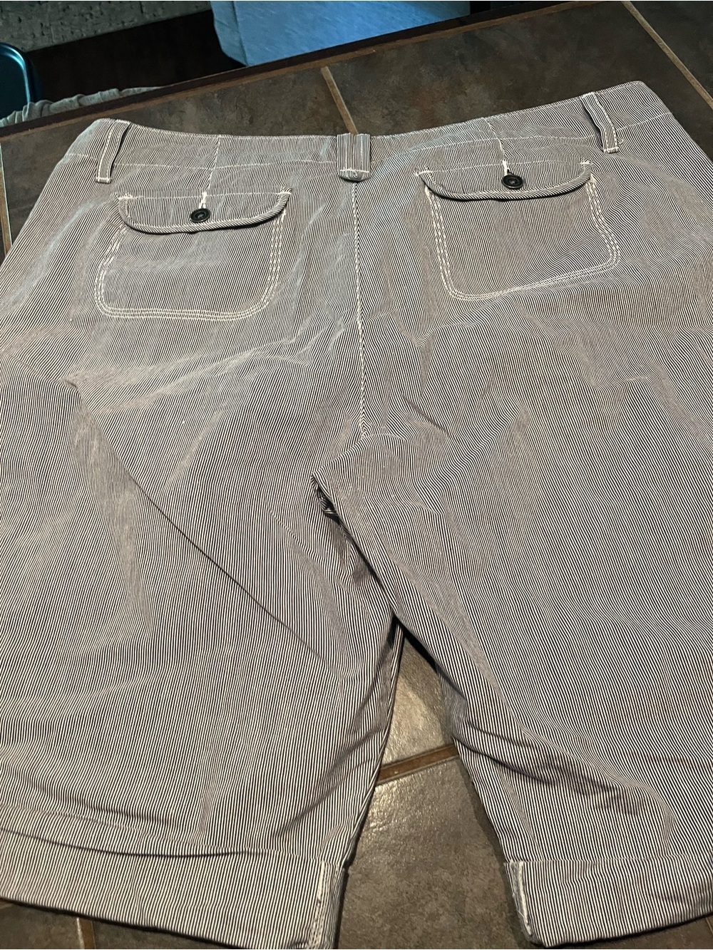 Pinstripe Navy/white denim like cotton Shorts with Contrast Stitching- longer - Picture 8 of 9